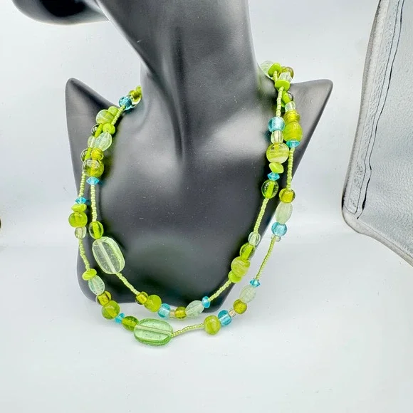 Long Art Glass Bead Strand Necklace Green Turquoise Blue Boho Mixed Media 41 In - Picture 3 of 8